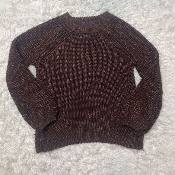 Ann Taylor SHIMMER Chunky Knit Crew Neck Sweater SPICED COCOA XS Balloon Sleeves - Picture 2 of 8